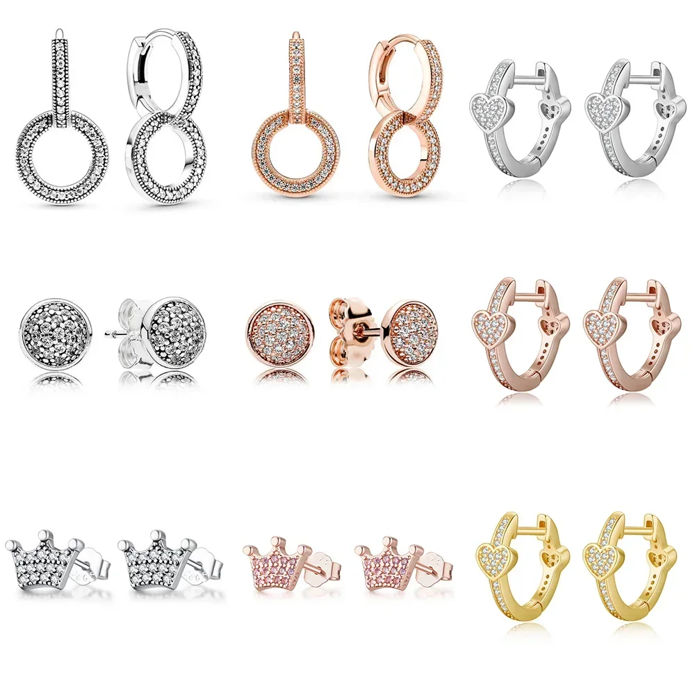 

1 Pair 925 Sterling Silver Earrings Rose Gold Crown Circular Shape Diy Zircon For Women Wedding Party Jewelry Gift