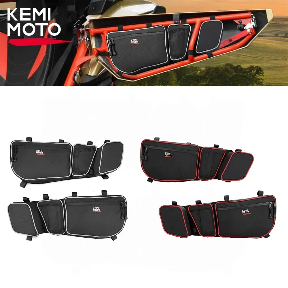 KEMIMOTO X3 UTV Front Doors Storage Bag w/ Knee Pad For Can am Maverick X3, Maverick X3 MAX 2017+ Gray/Red Stitching