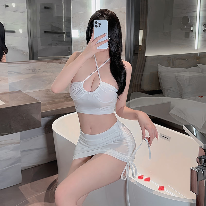 2025 New Ladies' sexy deep V-neck pajamas with drawstring hip hugging skirt hot and passionate suspender two-piece underwear set