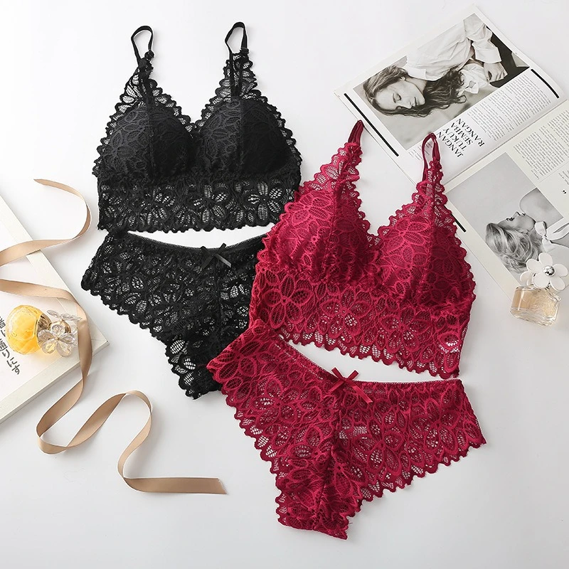 Ensemble de lingerie sexy en dentelle pour femme, soutien-gorge sans armatures et sans coutures, ensembles de soutien-gorge et culottes ajourés pour femme, lingerie brodée
