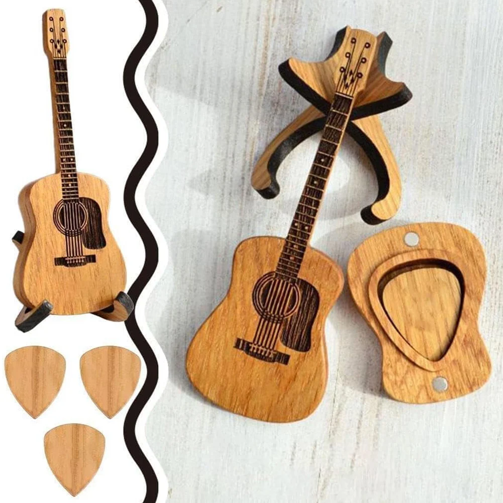Wooden Guitar Pick Box with 3Pcs Guitar Pick Storage Box Portable Case Gift for Music Instrument Lover