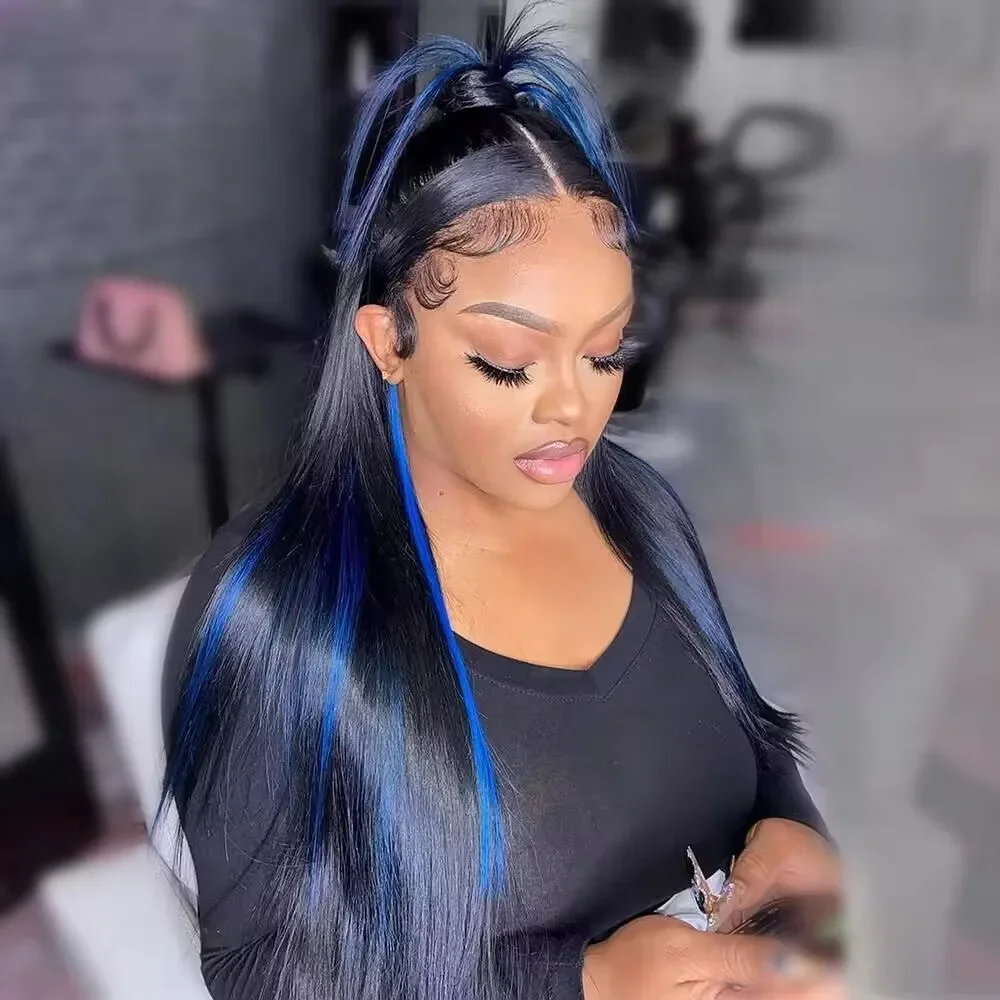 13*4 13*6 Straight Highlight  Black With Blue Lace Frontal Wigs Human Hair Wig For Women Brazilian  Hair Glueless Full Lace Wigs