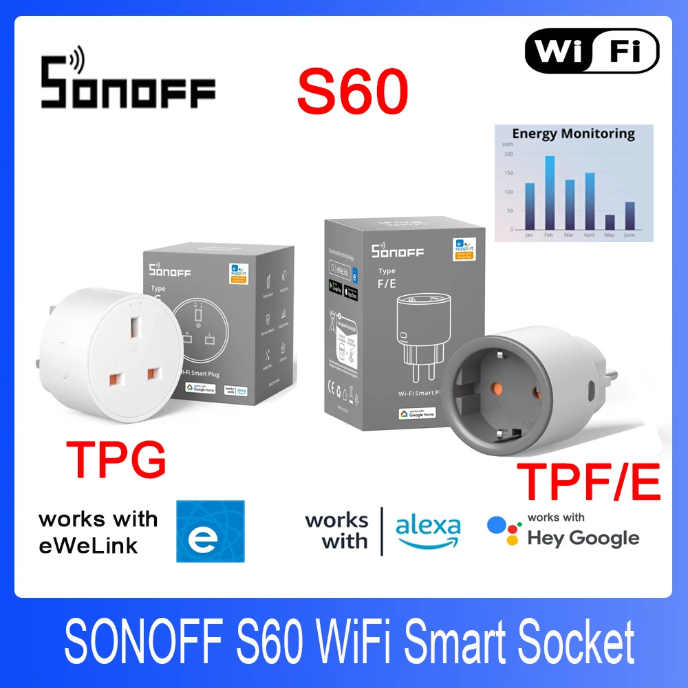 Sonoff S60 WiFi Smart Plug Wireless Smart Socket ป้องกันการโอเวอร์โหลดเวลาสมาร์ทฉากรีโมทคอนโทรลผ่านอีวีลิงค์ กูเกิล อเล็กซา 1