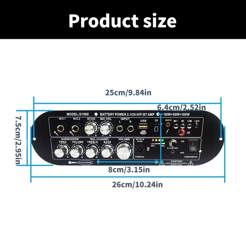 HIFI Bluetooth Rechargeable Audio Amplifier Board 2.1 Channel 50Wx2+100W Support