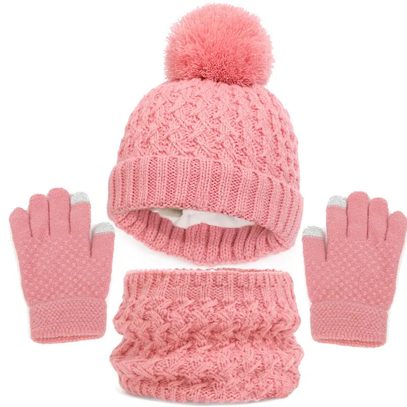 Luxury Fashion Scarves Children Knitted Beanie Cap Cute Pompom Baby Hat Winter Hat Scarf and Gloves 3pcs Set For Girls Boy
