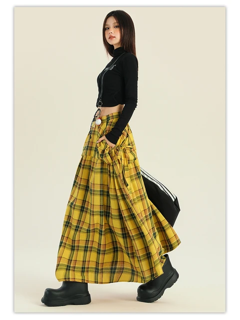 Clothing Plaid A Line Skirt Yellow Womens High Waisted Pleated