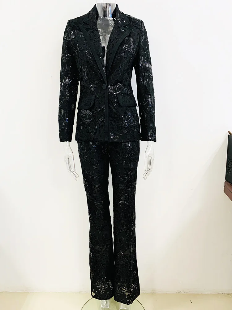 Lace Trim Embroidery Boutique Style Unquie Sewing New In Outwear Blazer Small Flare Pants 2pcs Slim Fit Suit Top Women's Outfit