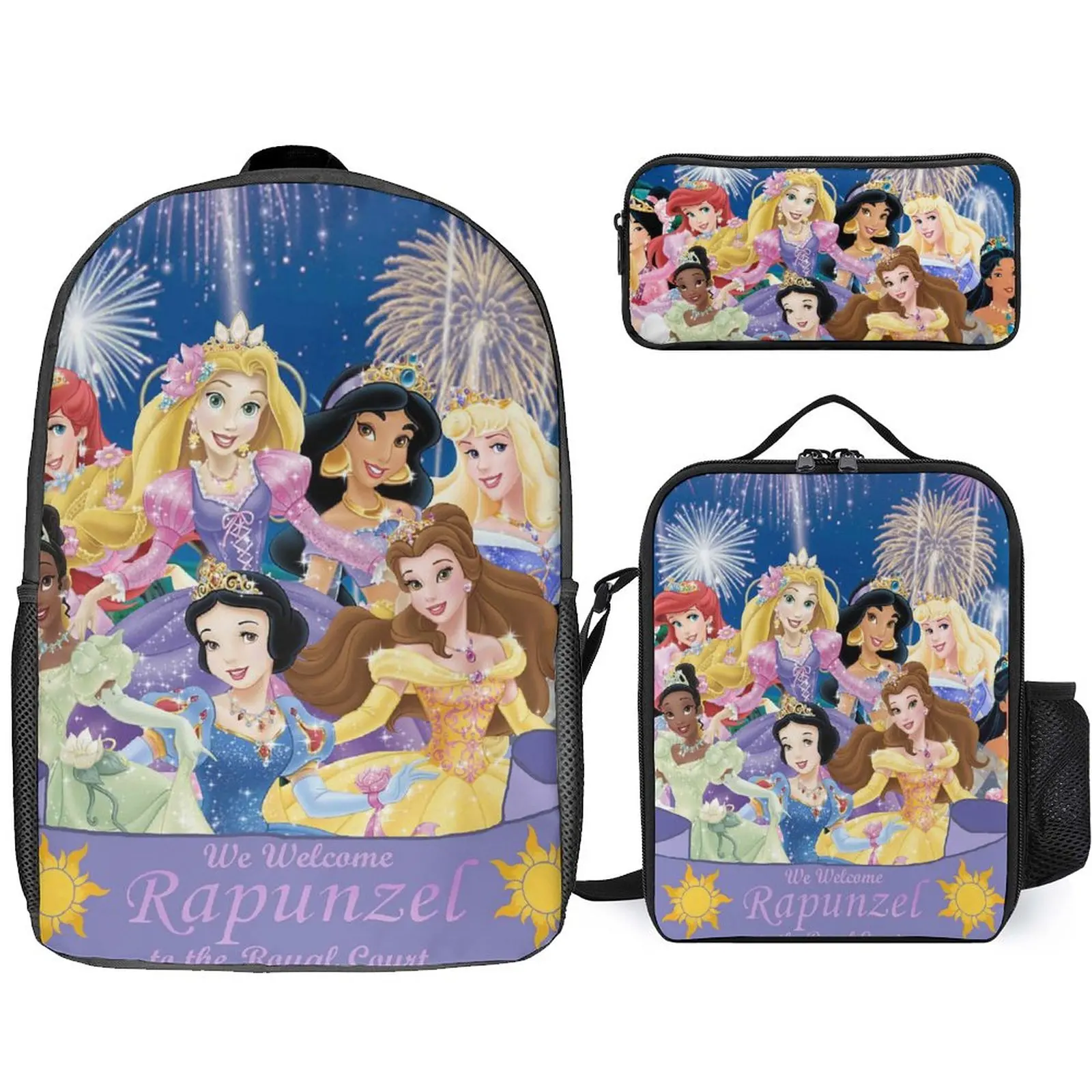 

2023 New Book Bag Three Piece Set Customized Disney Book Bag Pattern Dream Castle Princess Girls Boys Meal Bag Pencil Box