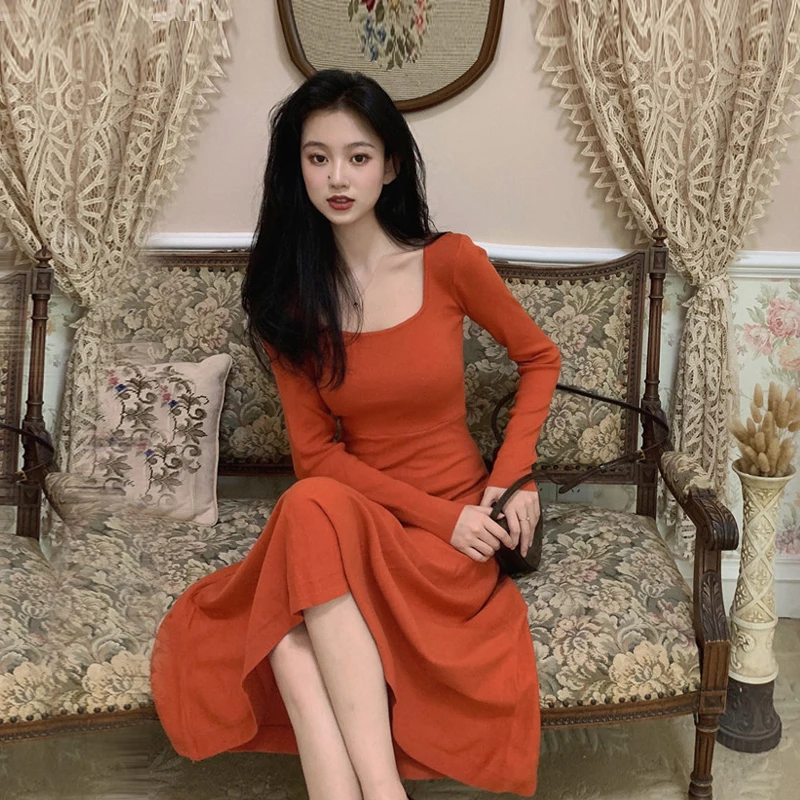 

Orange Autumn Winter Women Square Collar Neck Elegant Dress Solid Color Pure Midi Sweater Dresses Medium Length Knitted Sweaters