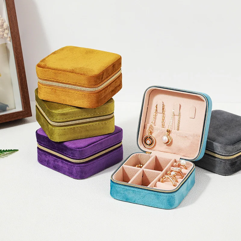 Velvet Jewelry Box Travel Portable Jewel Organizer Display Packaging Pendant Earring Ring Jewelry Storage Fashion Zipper Case