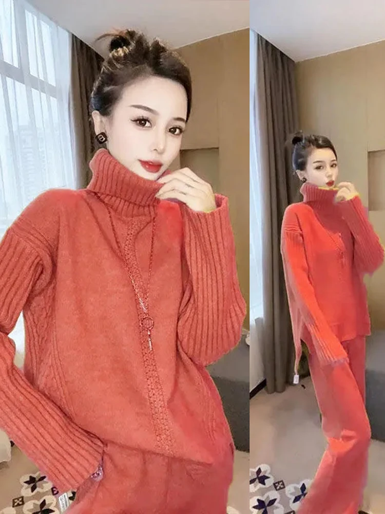 Casual Soft Turtleneck Pullover Sweater 2 Piece Set Korean Knitwear Pull Sweater Top Conjunto Baggy Wide Leg Knitted Pant Outfit