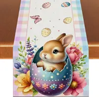 Happy Easter Bunny Eggs Linen Table Runner Holiday Party Decor Spring Watercolor Flowers Plaid Table Runners Dining Table Decor 1