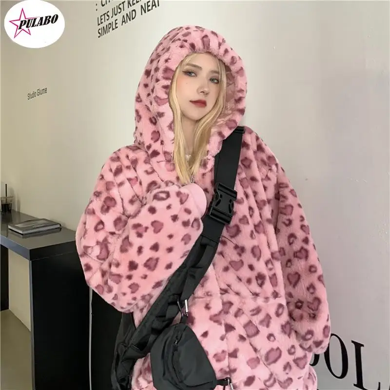 

Women's Pink Leopard Jacket Faux Fur Plush Hooded Coat Oversized Animal Print Hoodie