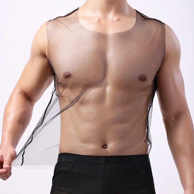 Sexy Men Undershirts Mesh Silk See Through Lingerie Tank Tops Sleeveless Fishnet Shirts Vest Underwear Sissy Slip Nightwear 2XL