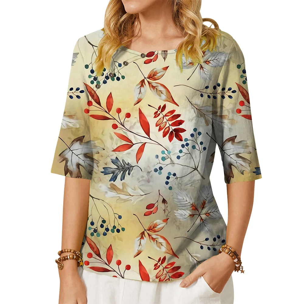

CLOOCL Women T-shirt Beautiful Vintage Floral 3D Graphics Printed Tees Button Decorate Loose Middle Sleeve Fashion Casual Tops