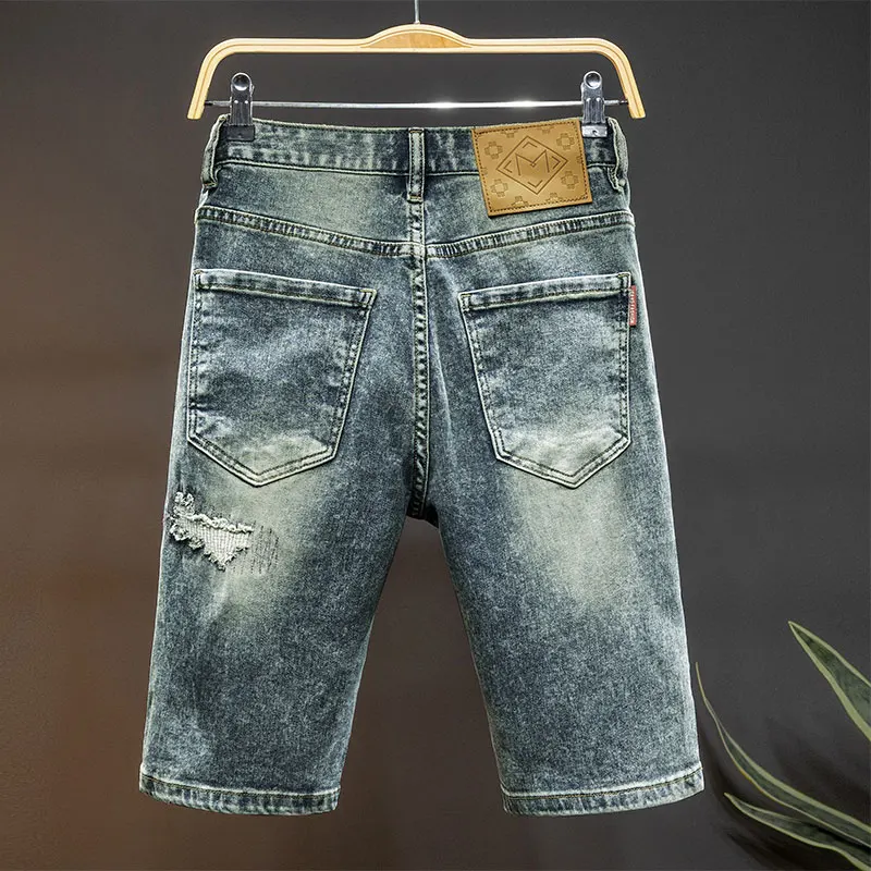 High-End Denim Shorts Men's Summer Fashion Holes Street Retro Motorcycle Fashion Brand Stretch Slim Fit Handsome Casual Shorts