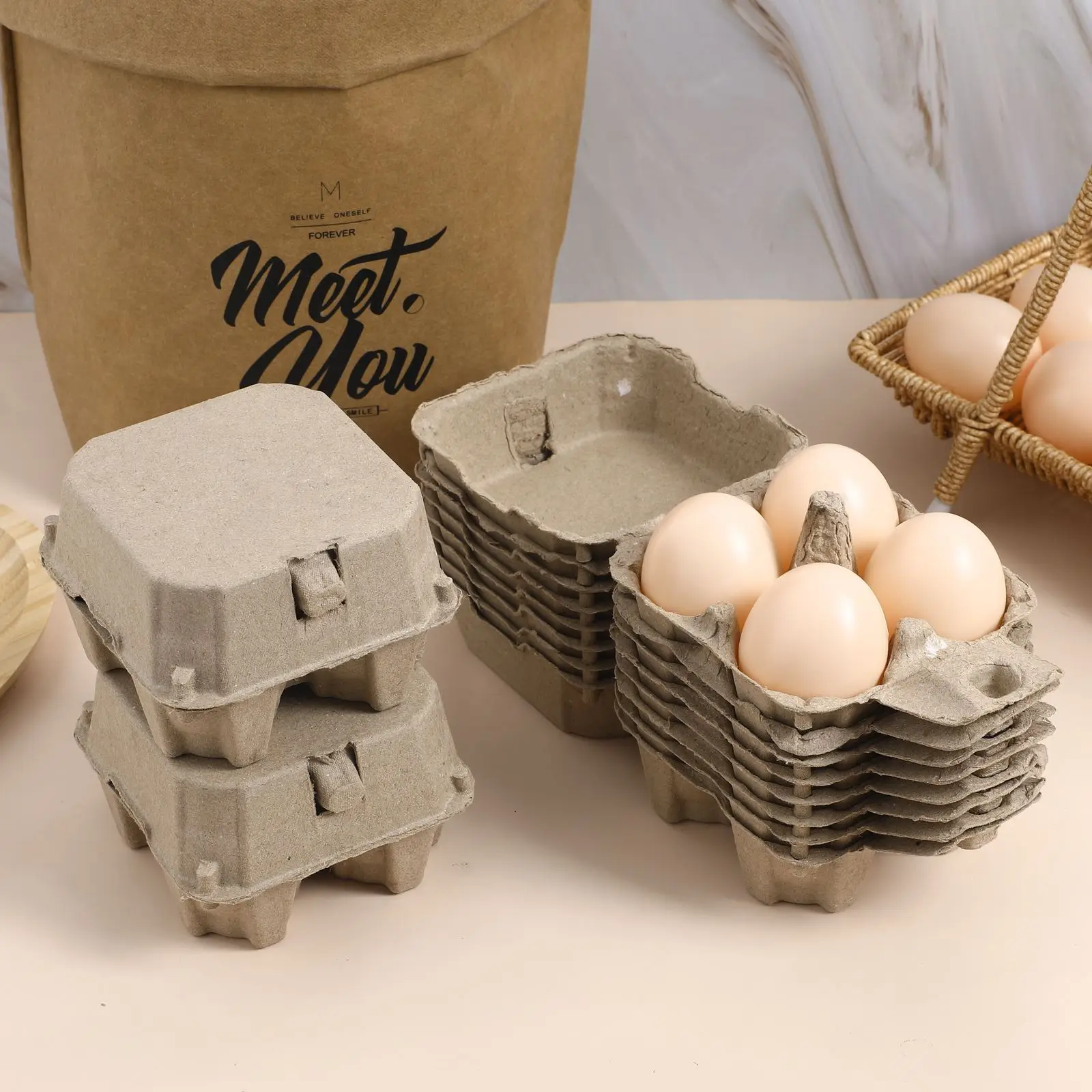10pcs Kraft Pulp Egg Cartons 4-Compartment Chicken Eggs Tray Family Egg Containers Home Native Egg Packaging Box Fridge Holder