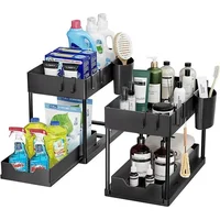 2 Tier Under Sink Organizer Sliding Cabinet Basket Organizer Storage Rack with Hooks Hanging Cup Bathroom Kitchen Organizer 1