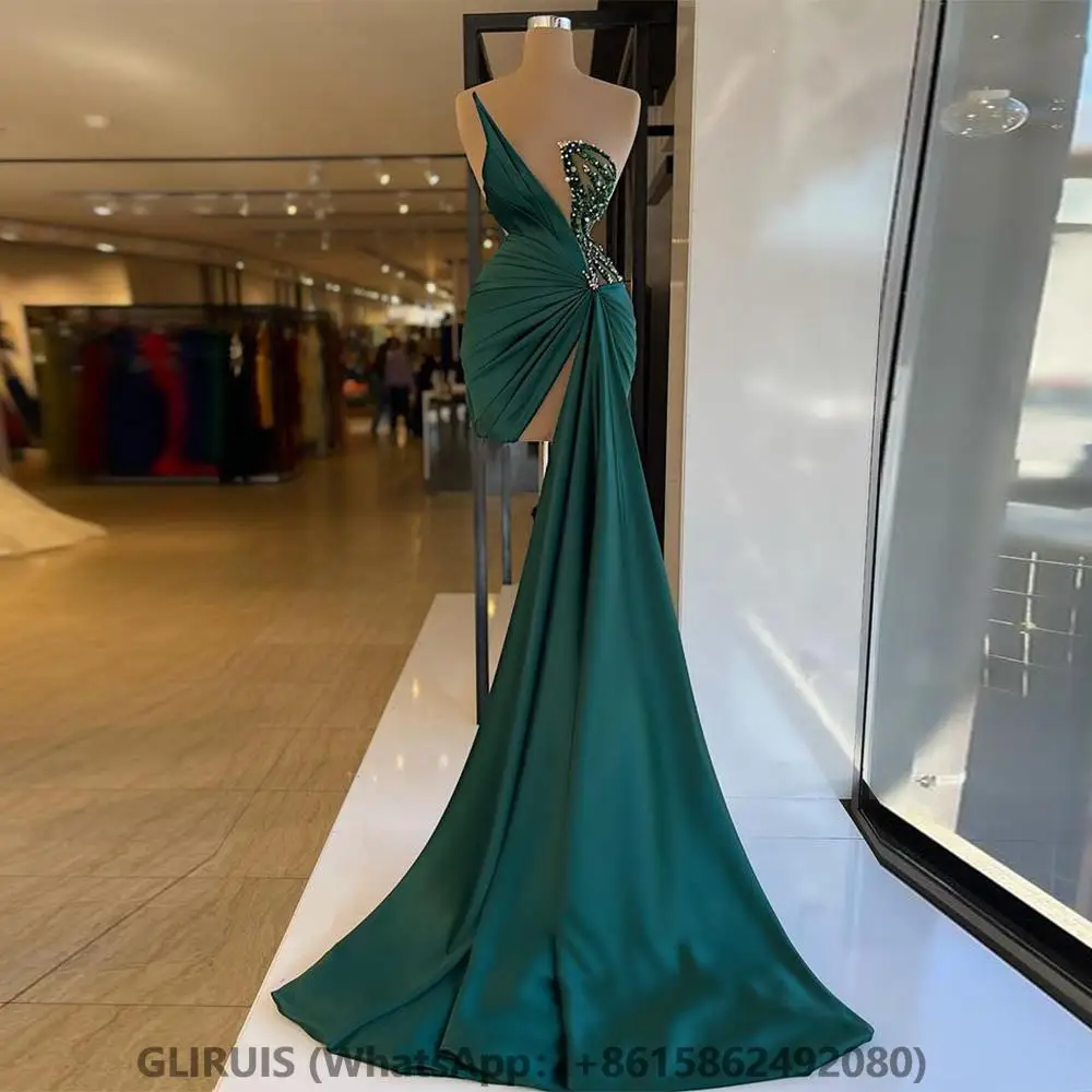 

Short Evening Dress Asymmetrical Neck Beading Pleat Emerald Green Prom Gowns Cocktail Party Dresses