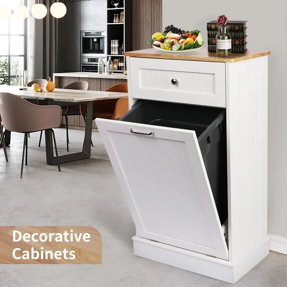 Tilt Out Trash Cabinet,Antique-Style Beadboard Kitchen Island with Solid Wood Tabletop & Drawer, Pet Proof Trash Can, Wood Laund