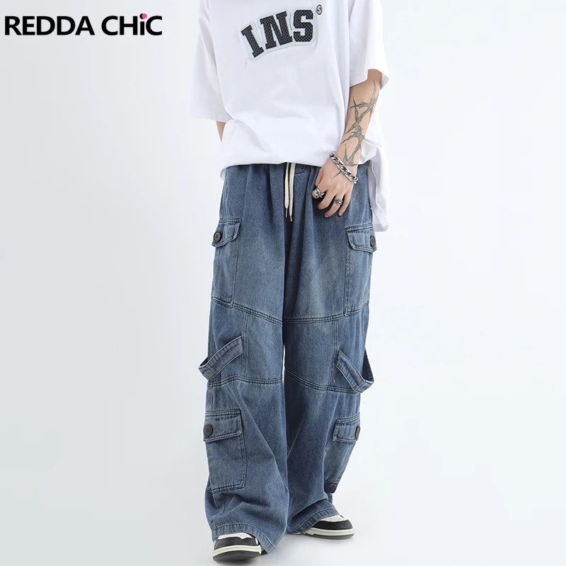 

REDDACHIC Hiphop Men Baggy Jeans Retro Blue Drawstring Elastic Waist Patchwork Wide Leg Cargo Pants Y2k Trousers Casual Workwear