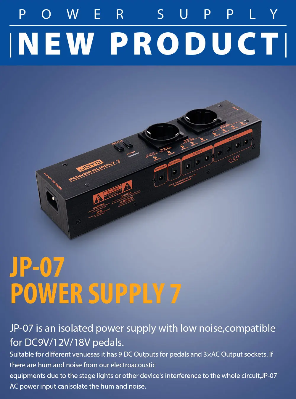 JP-07 Guitar Pedal Power Supply 9 DC Outputs 9V/12V/18V (100mA/500mA) with Isola