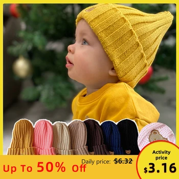 2022 New Korean Cartoon Bear Embroidery Baby Hat Soft Warm Kids Boys Girls Cap Beanie Autumn Winter Knitted Children Hat gorras 1