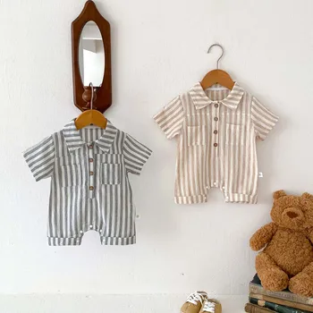 Baby Boys Rompers Striped Jumpsuits Turn Down Collar Toddler Boys Summer Clothing 1