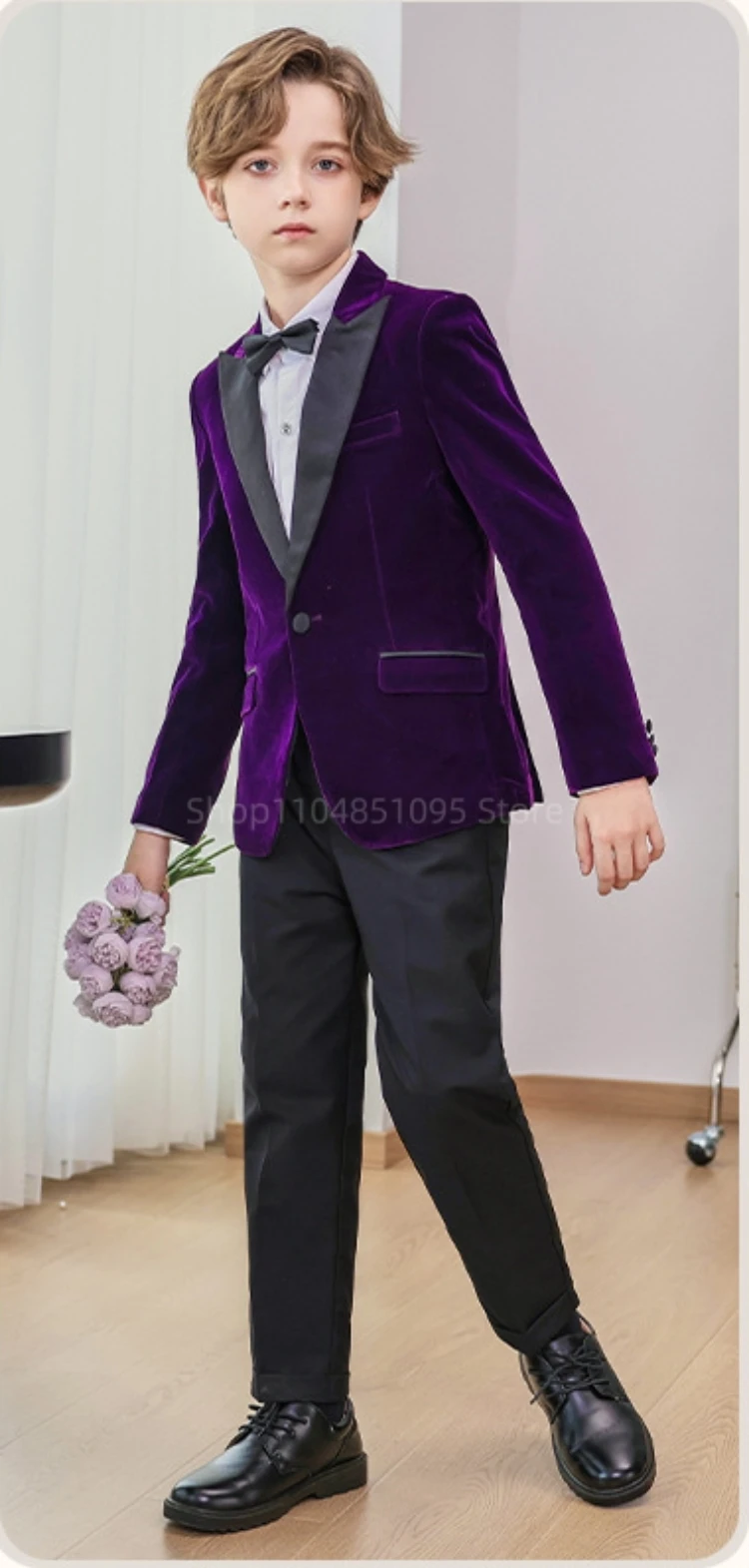 Purple/Red Velvet Boy's Suit Set Children Prom Formal Blazer Black Pants 2 Pieces Wedding Flower Kid Slim Fit Tuxedo Outfits