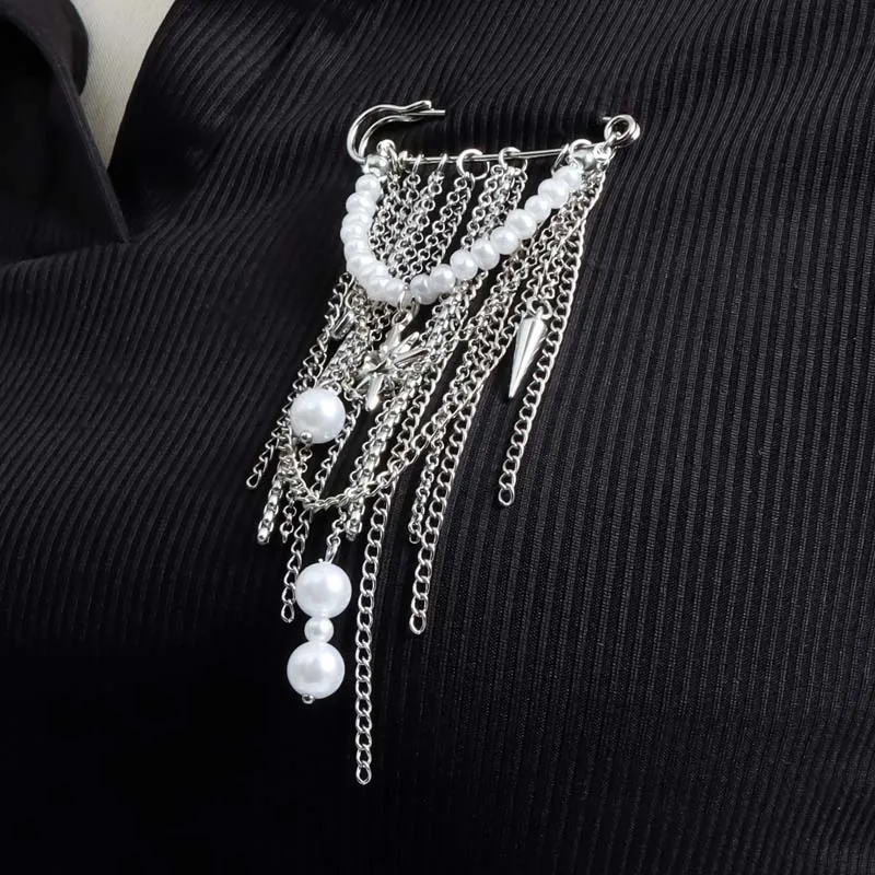 Metal Heart Tassel Brooch Exaggerated Silver Color Pearl