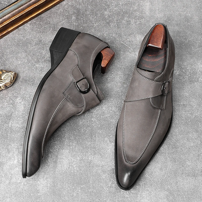 Italian Slip On Men Dress Shoes Wedding Genuine Leather Mens Oxford Shoes Monk Strap Black Grey Men Formal Loafers Men Suede images - 6