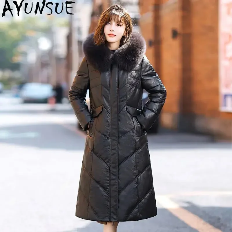 

Genuine AYUNSUE Leather Down Coats for Women 2024 Winter Real Sheepskin Jacket Hooded Fox Fur Collar Jaqueta De Couro