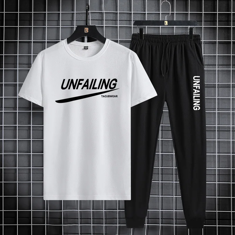 Summer Korean version slim summer short sleeved long pants set short sleeved casual sports round neck pullover comfort sports suit