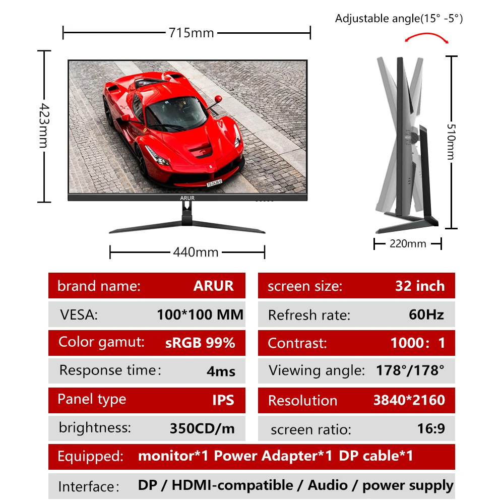 ARUR-32 ġ PC IPS 4K  UHD LED ÷, 60Hz ũž ӿ ǻ ȭ HDMI ȣȯ DP  3840x2160