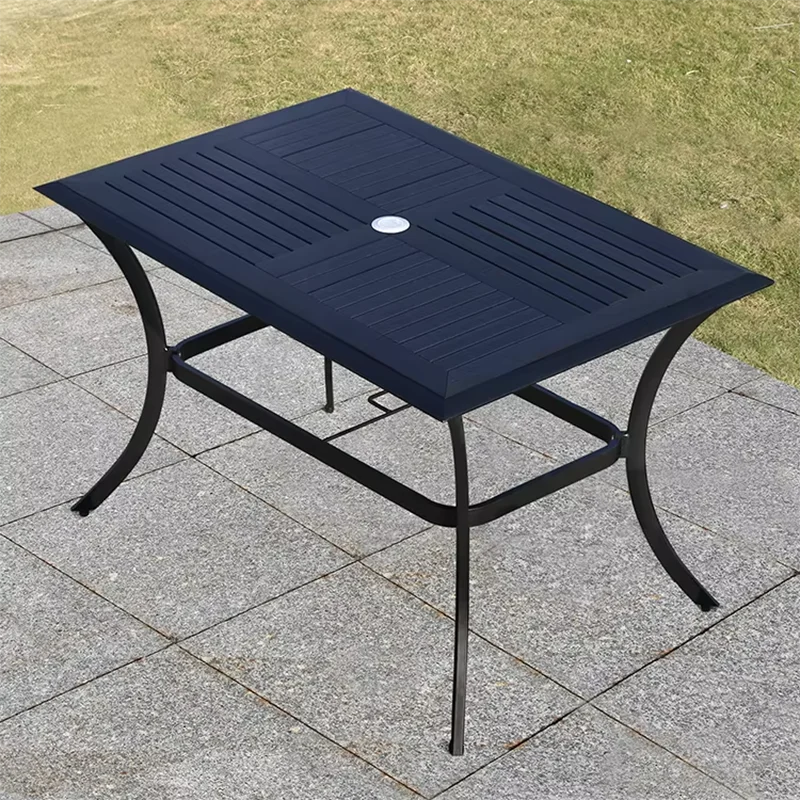 שולחן חצר מרובע חדש 120cm שולחן חיצוני מלבני עץ-פלסטיק פטיו שולחן אוכל מתכת ברזל רהיטים מודרניים