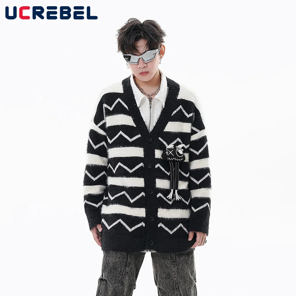 

Striped Sweatercoat Mens Brooch Decoration High Street Single Breasted V-neck Drop Shoulder Long Sleeve Knitted Outerwear Men