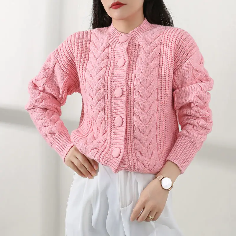 

2023 New Autumn Winter Women Solid Color Knitted Coats Female Twist Sweater Jackets Ladies Short Loose Cardigan Outerwear T410