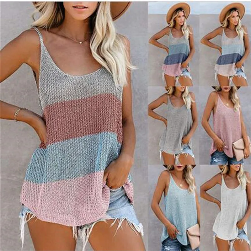 

Sexy Knitted Tops for Women Loose Camis Patchwork Streetwear Women Cothing Fashion Tops Sleeveless T Shirt Summer Beachwear Vest