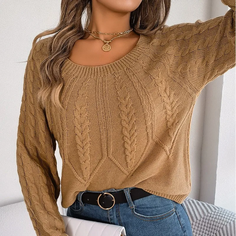 

Autumn and Winter Women's Pullover Round Neck Solid Fried Dough Twists Screw Thread Long Sleeve Sweater Knit Backing Shirt Tops