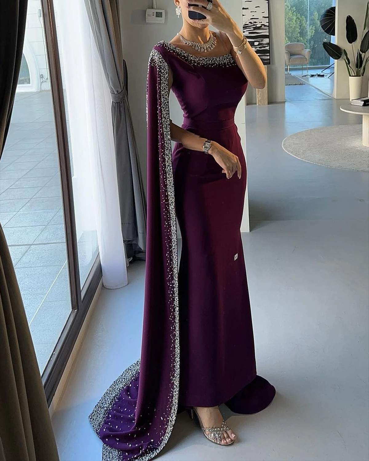 S6f38ea6e835e45f18f5a418bc1c6cb75d Arabic Burgundy One Shoulder Evening Dress with Cape Sleeve Women for Wedding Luxury Dubai Formal Party Gowns Mallzona