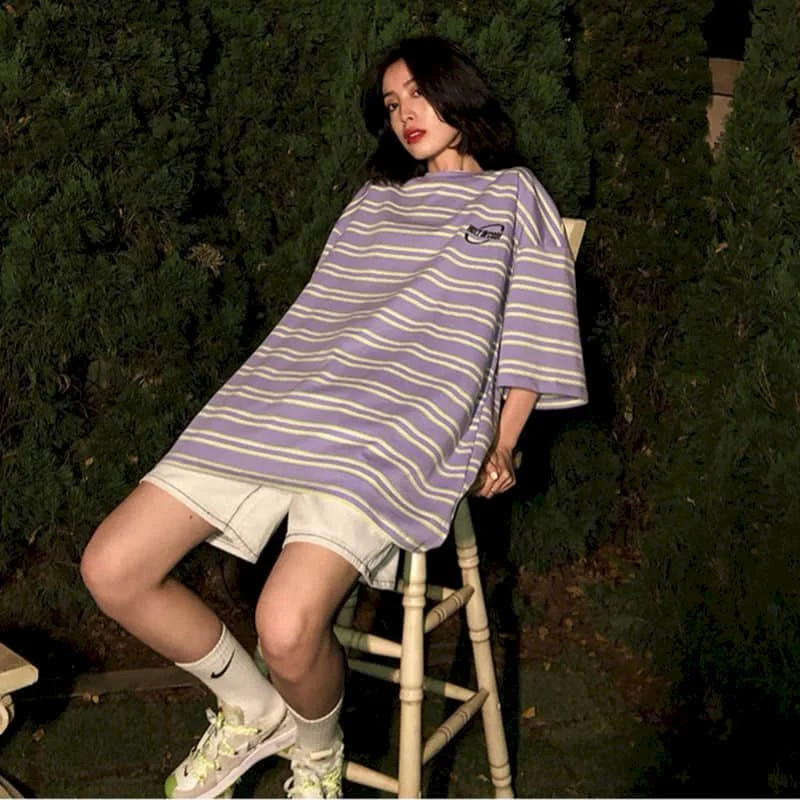 Striped Short-sleeved Men's Women's Shirts 2022 New Summer Korean Loose Hong Kong Style Round Neck Hip Hop Bottoming T-shirt Top |