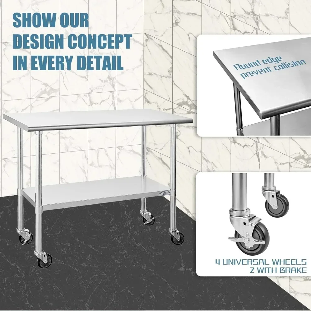 Stainless Steel Table for Prep & Work 24 X 48 Inches with Caster Wheels, with Undershelf and Galvanized Legs for Restaurant