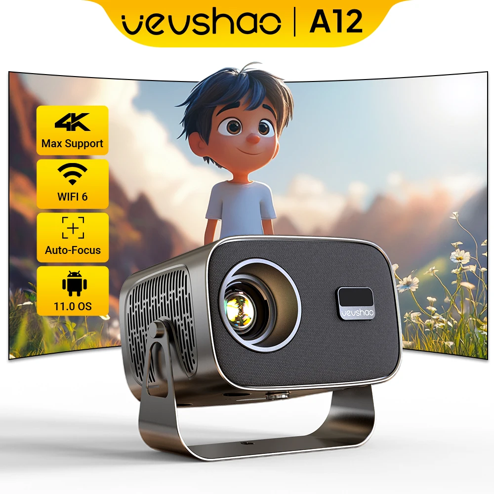 VEVSHAO A12 Projector, 4K Android 13 Smartphone Native Auto Focus Keystone BT 5.2 WiFi 6 Portable 360° Rotate 1280×720P Home Cinema