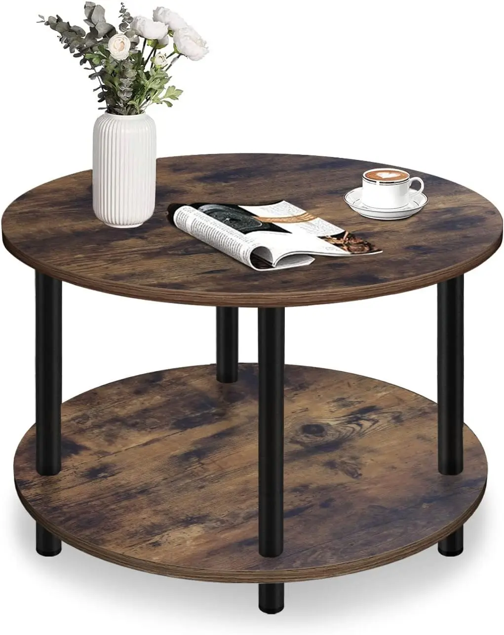 Small Round Coffee Table with Open Storage for Small Space, 23.5" Black 2-Tier Wooden Center Table for Living Room 5