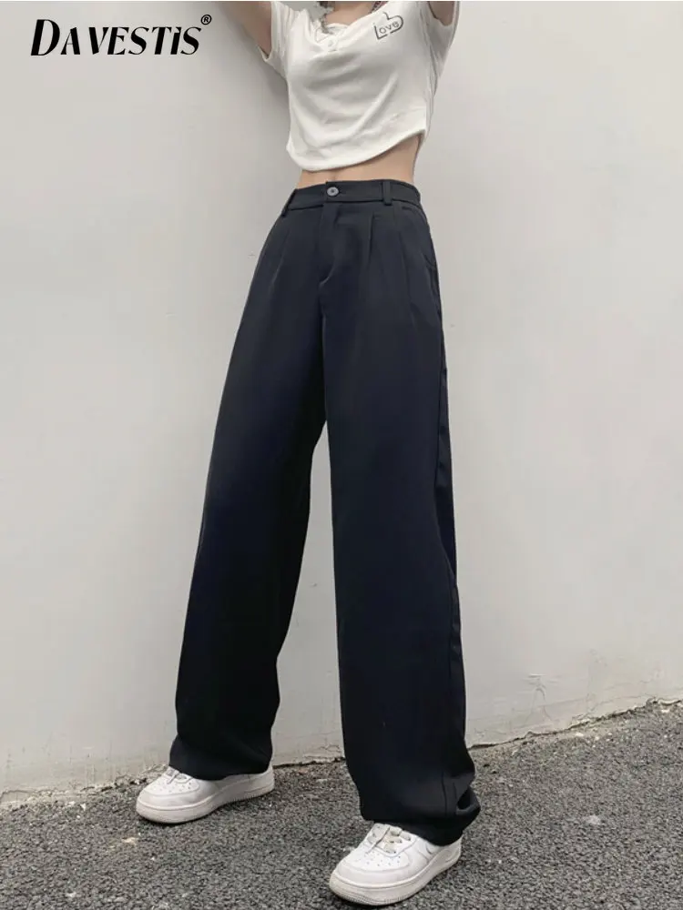 

Casual High Waist Wide Leg Pants Women 2023 Spring and Summer Thin Drape Straight Suit Pants Simple Solid Color 1button Pants