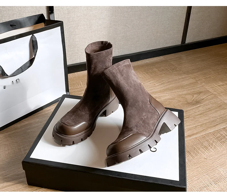 Női magas 2024-es új őszi és téli talpú rövid, vastag sarkú, rugalmas vékony zoknis csizma_voghion.com