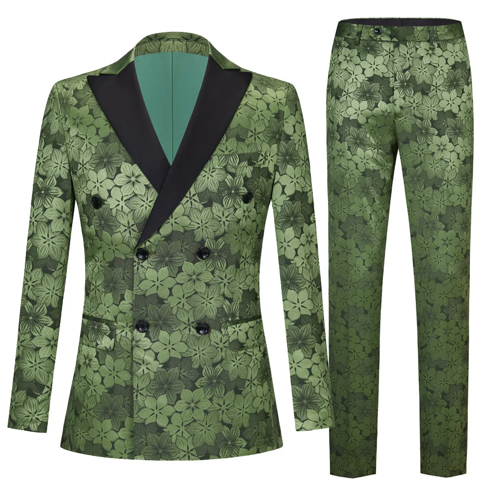 

Elegant Men‘s Black Peak Lapel Green Flower Printing Suit / Male Slim Dancer Singer Party Host 2 Pcs Blazers Jacket Pants Sets