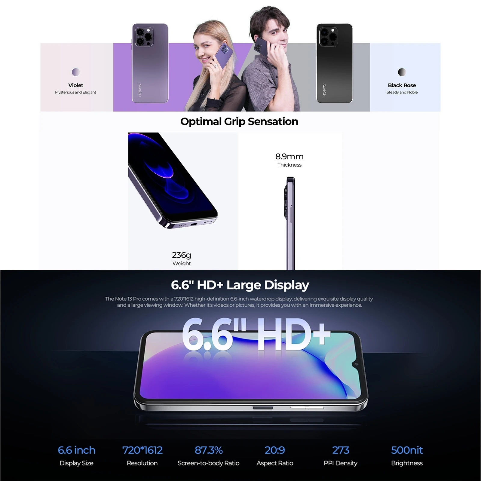 HOTWAV Note 13 Pro 8GB+256GB  6.6'' Android 13 5160mAh 18W Charging 50MP Camera UMS9230 T606 Octa Core 4G NFC Cellphone