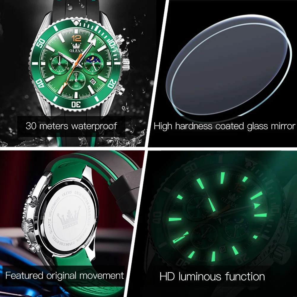 OLEVS Fashion Quartz Watch for Men Sports Silicone Strap Men's Watches Big Dial Moon Phase Waterproof Luminous Wristwatch Reloj