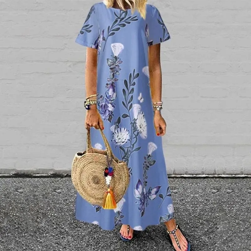 

Bohemian Long Dress Women Short Sleeve Floral Printed Maxi Sundress Summer O Neck Casual Loose Party Beach Robe Vintage Clothes